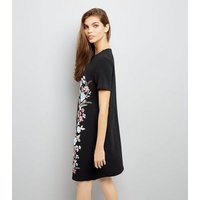 Black Crepe Floral Puff Print Tunic Dress New Look