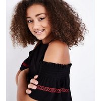 Teens Black Floral Woven Embroidered Cold Shoulder Top New Look