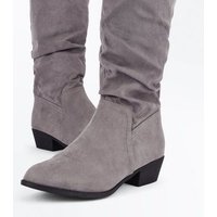 Wide Fit Grey Suedette Slouchy Knee High Boots New Look