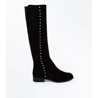 Wide Fit Black Suedette Stud Trim Knee High Boots New Look