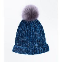 Teal Chenille Knit Faux Fur Pom Pom Hat New Look
