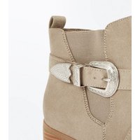 Mink Suedette Western Buckle Ankle Boots New Look