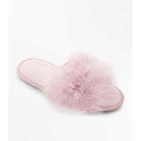 Pink Faux Feather Strap Slider Slippers New Look