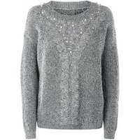 Mela Grey Pearl Embroidered Neck Jumper New Look