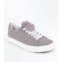 Teens Grey Pom Pom Top Lace Up Trainers New Look