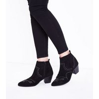 Black Suedette Stud Heeled Western Boots New Look