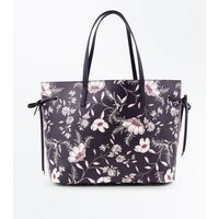 Black Floral Print Tie Side Tote Bag New Look