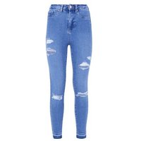 Bright Blue Ripped High Waist Super Skinny Hallie Jeans New Look