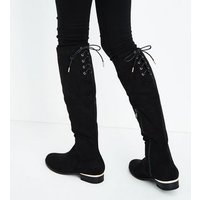 Teens Black Suedette Lace Up Back Over Knee Boots New Look