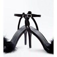 Black Suedette Faux Feather Strap Stiletto Sandals New Look