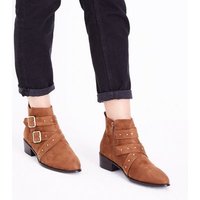 Wide Fit Tan Suedette Stud Buckle Ankle Boots New Look