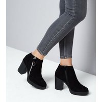 Black Suedette Block Heel Zip Side Boots New Look