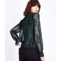 Green Fishnet Lace Frill Trim Top New Look