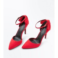 Wide Fit Red Suedette Bow Back Pointed Heels New Look
