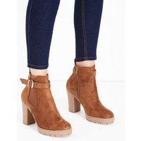 Wide Fit Tan Suedette Buckle Side Heeled Boots New Look