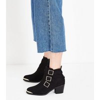 Black Suedette Triple Buckle Heeled Ankle Boots New Look