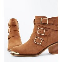 Tan Suedette Triple Buckle Heeled Ankle Boots New Look