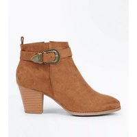 Tan Suedette Western Buckle Strap Heeled Boots New Look