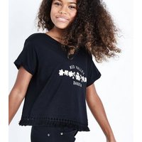 Teens Black Floral Printed Tassel Hem T-Shirt New Look