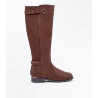 Brown Eyelet Strap Elastic Back Knee High Boots New Look