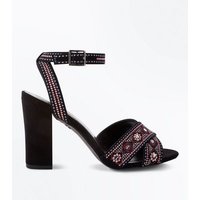 Black Suedette Embroidered Cross Strap Sandals New Look