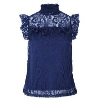Apricot Navy Lace Frill Neck Top New Look