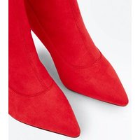 Red Suedette Kitten Heel Sock Boots New Look