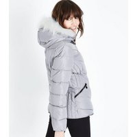 Grey Faux Fur Trim Hooded Puffer Jacket New Look