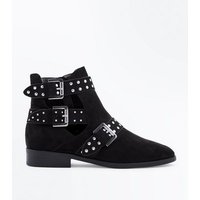 Wide Fit Black Suedette Cut Out Buckle Side Boots New Look
