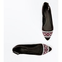 Black Folk Embroidered Ankle Strap Pumps New Look