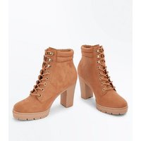 Wide Fit Tan Suedette Heeled Lace Up Boots New Look