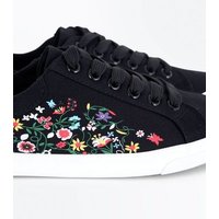 Black Floral Print Lace Up Trainers New Look