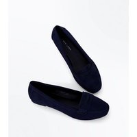 Wide Fit Navy Suedette Penny Loafers New Look