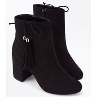 Black Suedette Bow Tassel Side Heeled Boots New Look