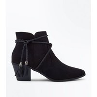 Black Suedette Rope Tie Western Ankle Boots New Look