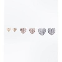 3 Pack Silver Gold And Rose Gold Heart Studs New Look