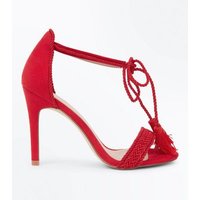 Red Suedette Tassel Ankle Tie Stiletto Sandals New Look