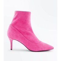 Bright Pink Suedette Kitten Heel Sock Boots New Look