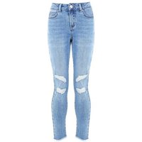 Teens Blue Ripped Knee Fray Hem Skinny Jeans New Look