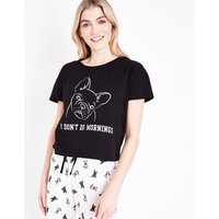Black I Don't Do Mornings Slogan French Bulldog Pyjama Set New Look