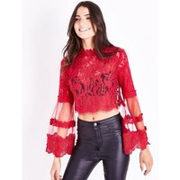 Parisian Red Lace Flared Sleeve High Neck Crop Top New Look