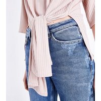 Pale Pink Ribbed Tie Front Top New Look