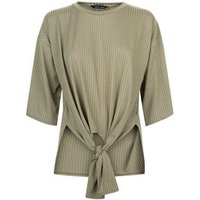 Khaki Ribbed Tie Front Top New Look
