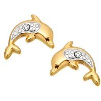 9ct Gold Two Colour Crystal Dolphin Andralok Earrings - 8mm - G3908
