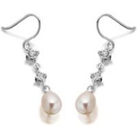 Silver Cubic Zirconia And Freshwater Pearl Hook Wire Drop Earrings - 30mm - F0776