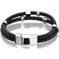 Inspirit Stainless Steel And Black Leather Moving Rondels Bracelet - 9in - A3521