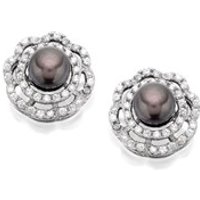 Princess Pearls Silver Black Freshwater Pearl And Cubic Zirconia Stud Earrings - F6412