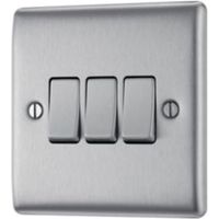 British General Nexus Metal 10A 2-Way Triple Brushed Steel Light Switch