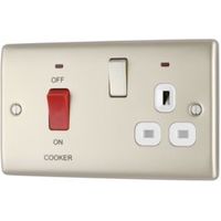 British General 45A DP Polished Pearl Nickel Effect Cooker Switch & Socket With 13A Socket & Colour Coded Terminals