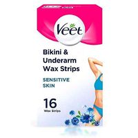 Veet Bikini & Underarm 16 EasyGrip Ready-to-Use Wax Strips And 4 Perfect Finish Wipes Sensitive Skin